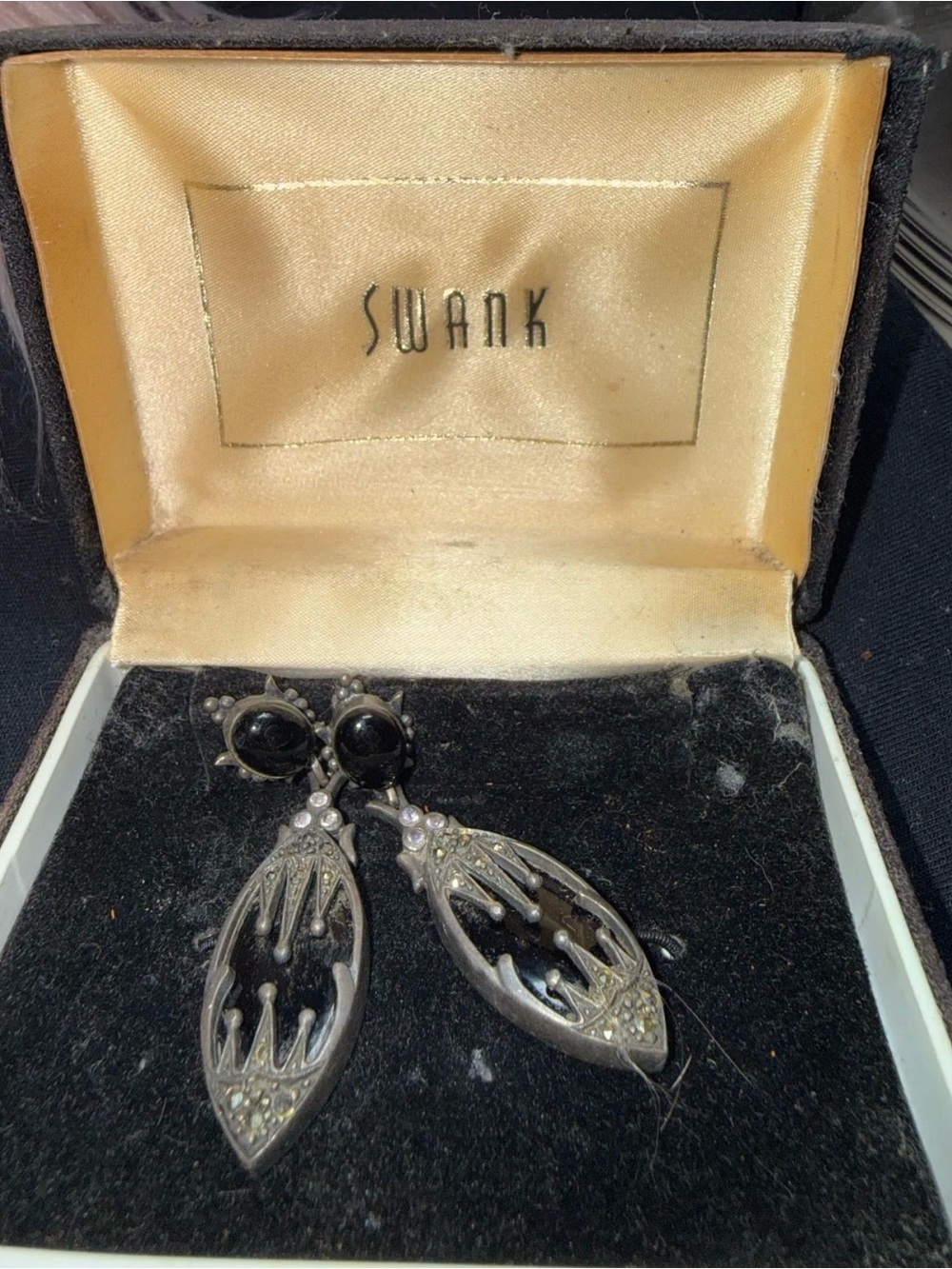 SWANK Black and Silver Filigree Drop Earrings with Marcasite